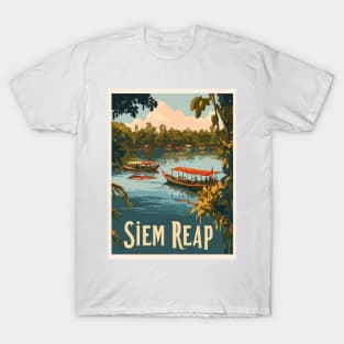 Experience the charm of Siem Reap with traditional wooden boats floating on calm waters, surrounded by lush greenery and a peaceful T-Shirt
